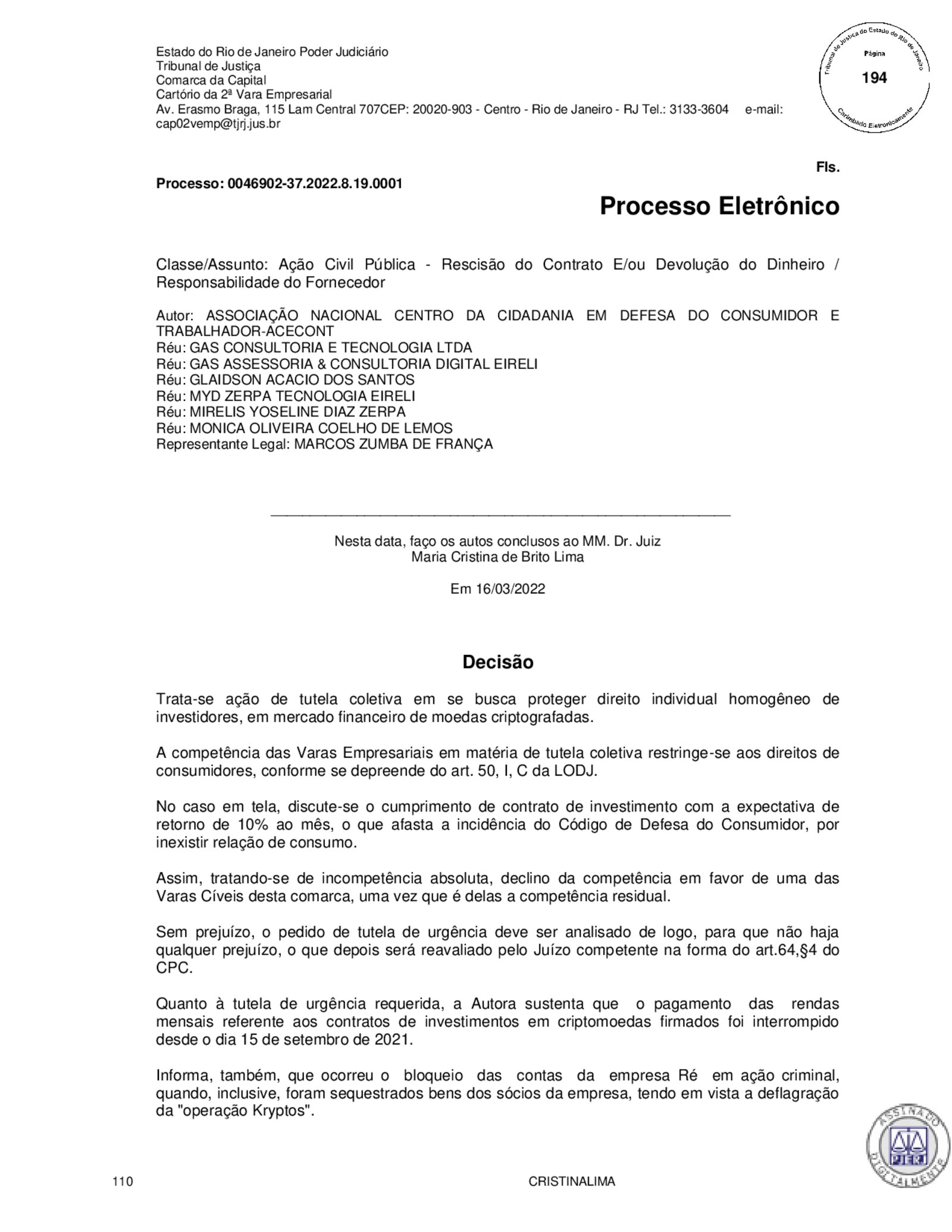 Primeira página da sentença